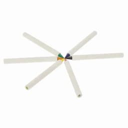 A set of five white drink bottle straws with coloured tips in green, yellow, blue, and purple.
