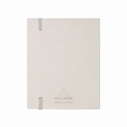 A white notebook with a textured cover and elastic closure, featuring an embossed logo at the bottom.