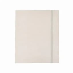 A plain, light-coloured notebook with a simple grey elastic band closure. It has a clean, minimalist design.
