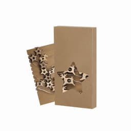 A decorative box containing wooden star ornaments, with a cut-out star design on the front.