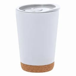 A drink bottle in white with a cork bottom and a grey lid. It features a logo on the side.