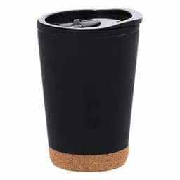 A drink bottle in black with a cork base and a sip lid, featuring a sleek design.