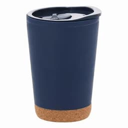 A drink bottle in navy blue with a cork bottom and a secure lid. Features a simple design and a logo.