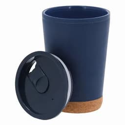 A drink bottle in navy blue with a cork base and a removable lid. It features a smooth interior.