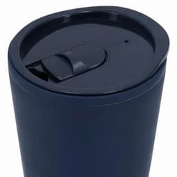 A drink bottle in dark blue with a secure lid and a small opening for sipping. It features a logo on the side.