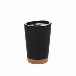 A drink bottle featuring a black body and cork base, with a lid and spout for easy drinking.