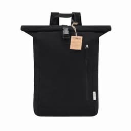 A roll-top backpack in black with a side zip pocket and a logo tag.