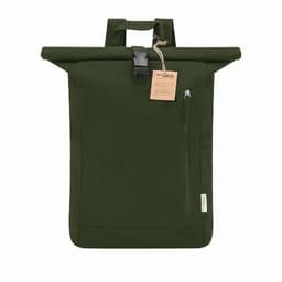 A roll-top backpack in dark green with a front zip pocket and a brand tag attached.