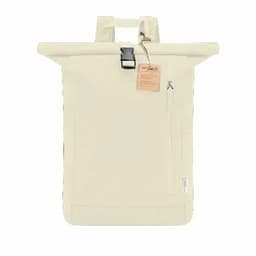A drink bottle in a cream colour with a roll-top design, featuring a handle and a zip pocket. It has a logo.
