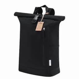A black roll-top backpack featuring adjustable straps, a front zip pocket, and a tag attached.