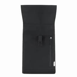 A black backpack with a roll-top closure and a side zipper pocket, featuring a strap and a logo.