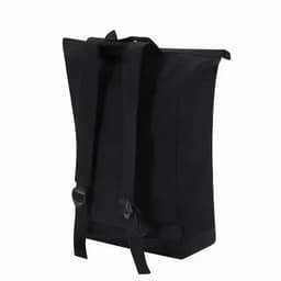A backpack in black with adjustable straps and a roll-top closure, featuring minimalistic design and no visible branding.