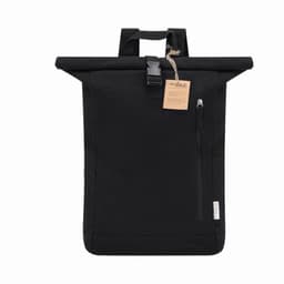 A black roll-top backpack featuring a front zippered pocket and a logo tag. The straps are adjustable.