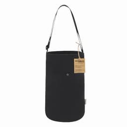 A black drink bottle bag with a shoulder strap and a front pocket, featuring a tag and logo.
