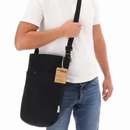 A black messenger bag with a long strap, featuring two pockets and a tag attached, being held by a person.
