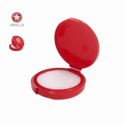 A red compact with a mirror, containing a white powder. The product is labelled as vanilla scented.