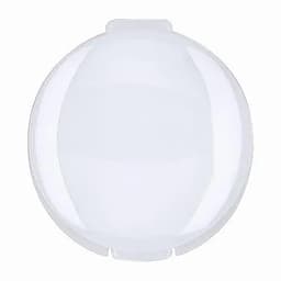 A drink bottle in a transparent white design, featuring a round shape and a lid. It has a logo.