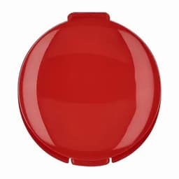 A red drink bottle cap with a smooth, shiny surface and a central opening. It features a logo.