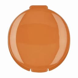 An orange drink bottle cap with a smooth surface and a central indentation, featuring a logo.