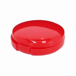 A red round container with a smooth, glossy surface and a small opening mechanism. It features a branding logo.