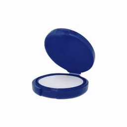 A compact with a blue exterior and a mirror inside, featuring a blank surface.