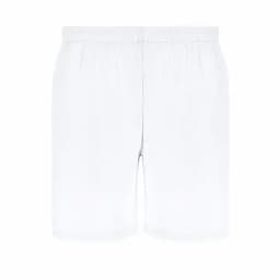 A pair of white shorts featuring an elastic waistband and a simple design, without any visible logos or branding.