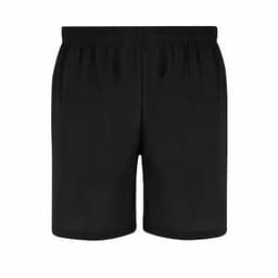 A pair of black shorts with an elastic waistband, featuring a simple and minimalist design.
