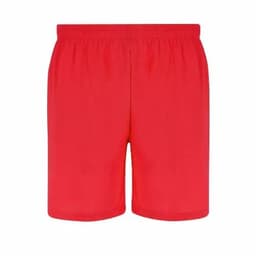 A pair of red shorts featuring an elastic waistband and a simple, solid design with no additional details.