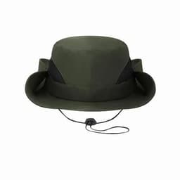 A green hat with a wide brim and mesh side panels, featuring a chin strap for secure wear.