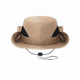 A tan outdoor hat with a wide brim, featuring a mesh band and an adjustable chin strap.
