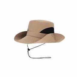A wide-brimmed hat in tan and black featuring a chin strap and a textured surface. It has a small logo on the side.