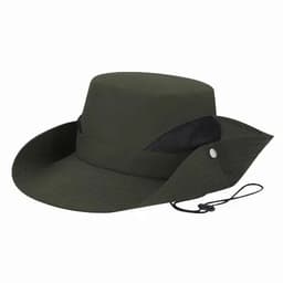 A wide-brimmed hat in dark green with a mesh panel and adjustable chin strap.