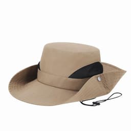 A wide-brimmed hat in khaki and black, featuring a mesh section and an adjustable chin strap.