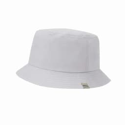 A bucket hat in white with a textured band and a small branded label on the side.