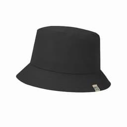 A black bucket hat with a wide brim, featuring a small logo or branding tag.