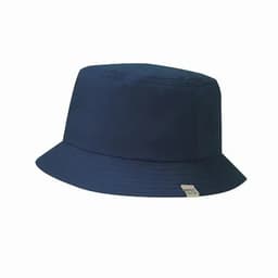 A bucket hat in dark navy blue with a small tag on the side. Features a wide brim.