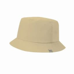 A beige bucket hat with a simple design and a small logo tag on the side.