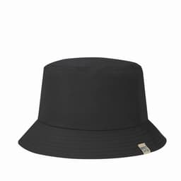 A black bucket hat with a wide brim and a small branding label on the side.