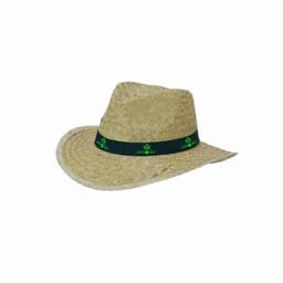 A straw hat with a wide brim and a dark band featuring a logo. The hat is light brown in colour.