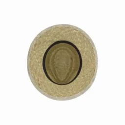 A straw hat with a wide brim, featuring a black band around the inner edge. The hat is light brown in colour.