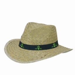 A straw hat featuring a black band and a logo, with a light brown woven texture.