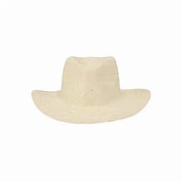 A straw hat in a light beige colour with a wide brim and a rounded crown, featuring a woven texture.
