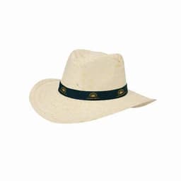 A straw hat with a wide brim and a black band, featuring a decorative logo. The hat is light beige in colour.