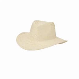 A straw hat in a light beige colour with a wide brim and a flat crown. It features a woven design.