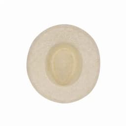 A straw hat in a light beige colour with a rounded, wide brim and a textured weave. It has a simple design.