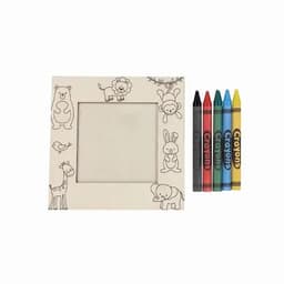 A picture frame with animal illustrations and five crayons: red, blue, green, yellow, and black.