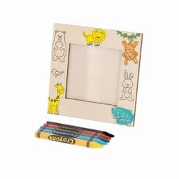 A children's picture frame featuring animal drawings and a set of coloured crayons in red, blue, green, and yellow.
