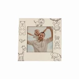 A decorative photo frame featuring drawings of animals, including a bear, lion, elephant, and rabbit, around a central picture.
