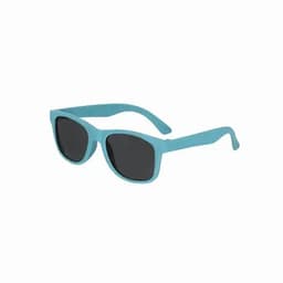 A pair of teal sunglasses with dark lenses, featuring a textured design. The sunglasses have a logo on the side.