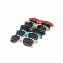 A collection of five sunglasses in red, green, blue, black, and white, with dark lenses. Each has a unique shape and style.